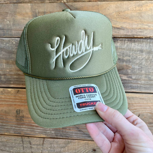 Green trucker hat with 'Howdy' embroidered