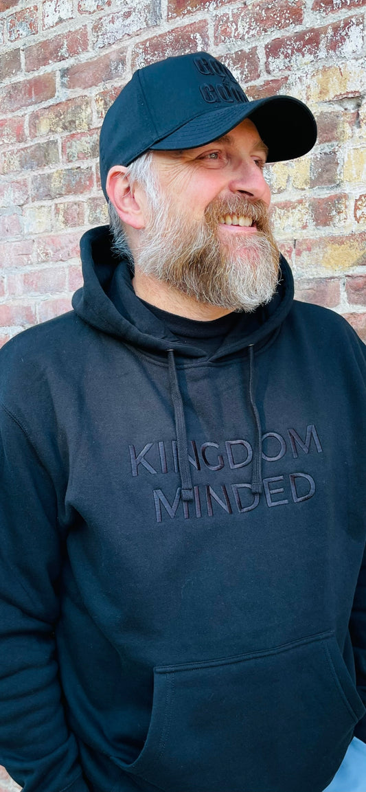 Black hoodie with Kingdom Minded embroidered in black